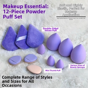 Detailed 12-piece purple makeup sponge set with powder puffs and mini thumb blenders