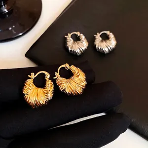 Croissant Hoop Earrings Copper Twisted Ribbed Textured Jewelry With 925 Sterling Silver Earring Post Real Gold Plated