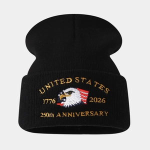 Close-up of US Marine Corps 250th Anniversary eagle embroidery on a black knit beanie
