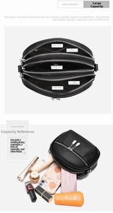 Detail view of black PU leather bag with three main zipper compartments and storage layout