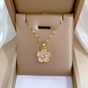 Flower Pendant Necklace Stainless Steel Chain Copper Pink Gemstone Cubic Zirconia Gold Plated Elegant Jewelry Women