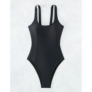 Detailed top-down view of black square-neck one-piece swimsuit on marble background