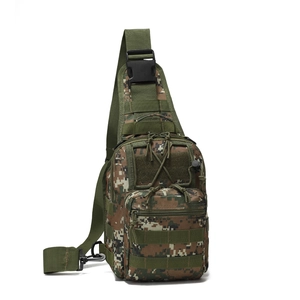 Digital camouflage tactical chest bag featuring MOLLE system and quick-release buckle