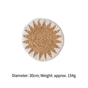 30cm Bohemian woven straw wall decor with spiral pattern and white accents