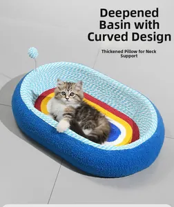 Detail of woven sisal cat bed with deep basin and thick pillow for neck protection