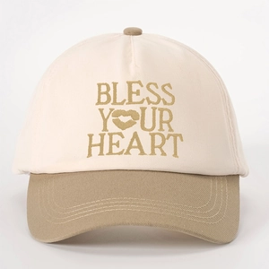 Vintage baseball cap in cream and khaki with Bless Your Heart embroidery and lip print