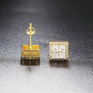 Hip hop square zircon gold studs with threaded posts and side hollow detail