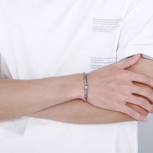 Men's titanium steel open cuff bracelet with minimalist silver V-shaped textures