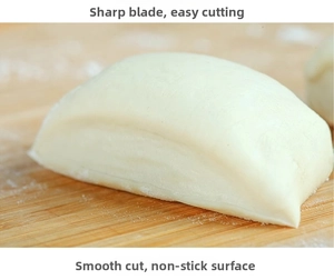 Macro view of dough cut neatly on a wooden board showing precision and non-stick performance