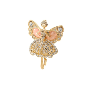 Elegant ballerina fairy brooch in gold finish with pink rhinestones and white crystals