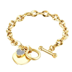 Golden OT toggle heart charm bracelet with sparkling zircon stones and thick chain links