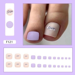 Matte light purple and beige press-on toe nails set with love script lettering F121