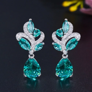 Elegant Flower Leaf Copper Dangle Earrings With Zirconia Emerald Green Aqua Blue Water Drop Earrings For Women Jewelry