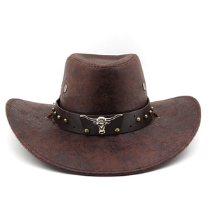 Detailed view of brown PU leather cowboy hat with bull head emblem and metal rivets