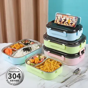 Insulated 304 stainless steel lunch box with compartments and phone holder lid