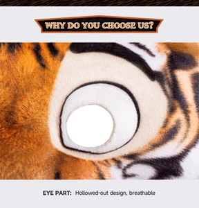 Close-up of tiger pattern plush mask with hollow eye design for breathability