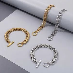 Double Layer Splicing Bracelet Stainless Steel Paperclip Cuban Link Toggle Clasp Industrial Punk Style Men Women Jewelry