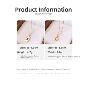 Detail of gold-plated necklaces with green zircon and mother of pearl pendants