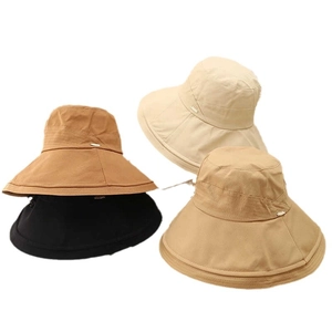 Foldable wide brim sun hat for women in beige khaki brown and black cotton blend