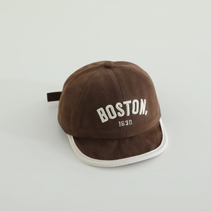 Detail of Boston 1630 3D embroidery on brown soft-brim cotton baseball cap for kids