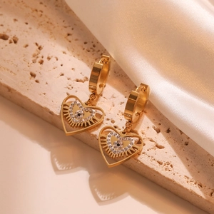 Golden hollow heart evil eye drop earrings with sparkling rhinestones in elegant setting