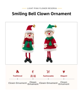 Detail of Christmas elf dolls with knitted hats, golden bells and long dangling legs