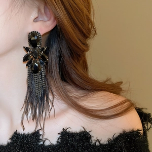 Detail shot of a dark style earring with black crystals and feathers on a model