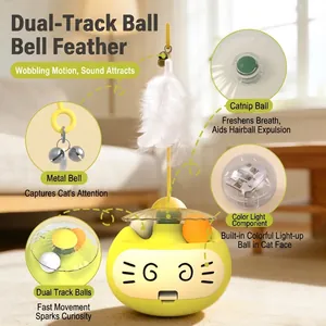 Interactive yellow tumbler cat toy with catnip, LED lights, bells and feathers for exercise