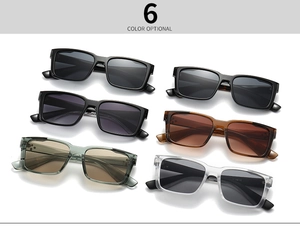 Flat lay of retro square sunglasses in six assorted colors with resin frame and lenses