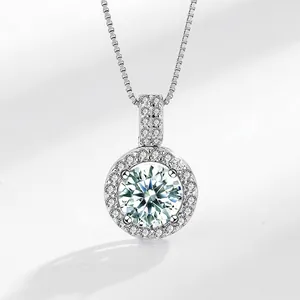 S925 Sterling Silver Moissanite Necklace For Women Light Green Moissanite Halo Pendant Geometric Necklace Jewelry Gift