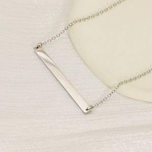 Polished silver titanium steel horizontal bar pendant necklace with sleek thin chain link