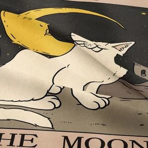 Detail shot showing the fine fabric texture of The Moon cat tarot wall tapestry