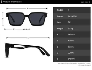 Technical drawing showing square sunglasses frame measurements and lens dimensions