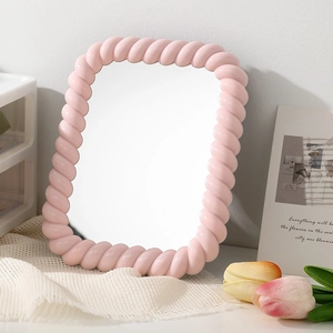 Adjustable cute cream pink vanity mirror with twisted rope frame for desk makeup