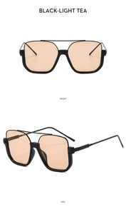 Front and side views of black double-bridge semi-rimless sunglasses with light tea lenses