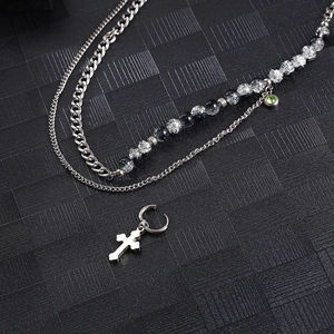 Creative titanium steel layered necklace with cross earrings and cracked beads