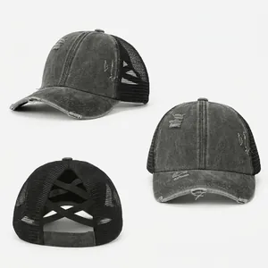 Ponytail Baseball Cap Washed Cotton Distressed Mesh Back Trucker Hat Breathable Sun Protection Outdoor Women Adjustable