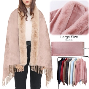 Women Oversized Shawl Wrap With Faux Fur Collar And Tassels Flannel Warm Winter Fashion Solid Color Pashmina