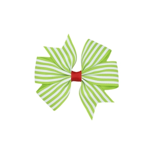 Detail of green and white striped ribbon hair clip with red knot for Christmas party