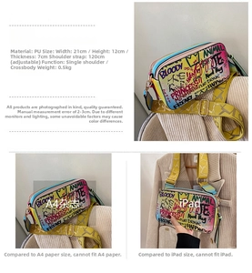Detail view of colorful graffiti square bag showing PU leather texture and size dimensions