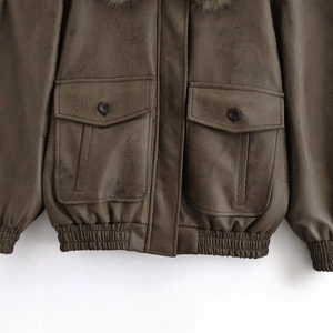 Deep brown faux leather jacket with detachable faux fur collar and dual front pockets