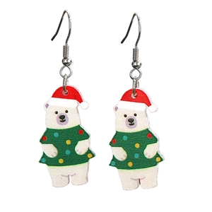Detail of cute acrylic polar bear earrings wearing red Santa hats and festive sweaters