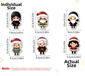 Size guide for cartoon Christmas stickers showing detailed height and width dimensions