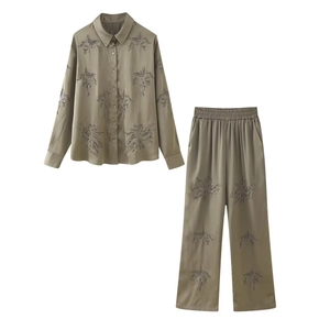Women's 2-piece olive green satin set with palm tree embroidery shirt and wide pants