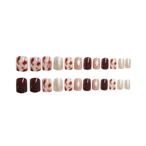 Short square leopard print press-on nails set with brown, amber, and gold glitter designs