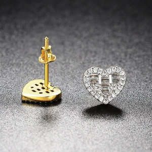 Iced out heart stud earrings with two-tone plating and secure screw-back design