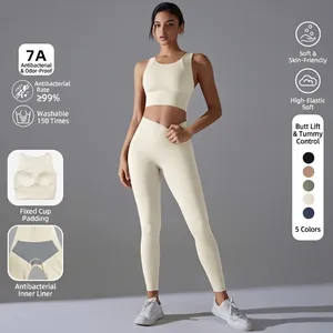 Damen Top Und Bottom Hohe Taille Yoga Set Antibakterielles Nylon Elasthan Sport BH Enge Leggings Fitness Gym Activewear