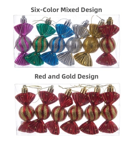 Macro detail of candy-shaped Christmas tree ornaments with glitter stripes and hanging ropes