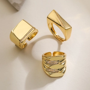 Geometric Open Rings Copper Plated 18K Gold Cubic Zirconia Adjustable Wavy Square Irregular Fashion Jewelry For Women