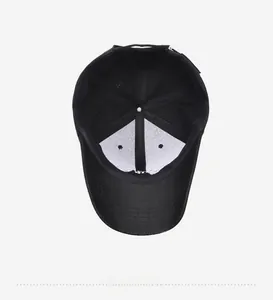 Detail view of the internal 6-panel structure and breathable vents of the black baseball cap